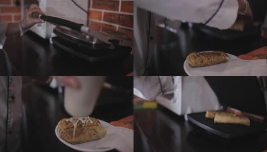 在餐厅里做沙瓦玛。在烤架的帮助下进行褐变过程高清在线视频素材下载