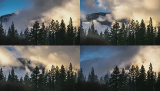 在优山美地瀑布前的松树上空旋转的雾-时间流逝高清在线视频素材下载