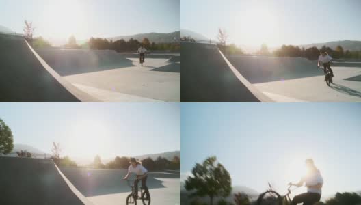 滑板公园里的小轮车自行车骑手高清在线视频素材下载