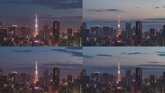 从夜晚到白天的时间推移-东京天际线夜间的高架视图高清在线视频素材下载