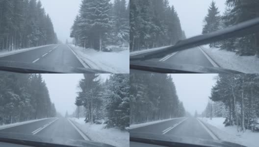 汽车在雪地上行驶时，雨刷正在清洁挡风玻璃。司机对冬季在严寒的北方国家旅行的看法。自然,美丽,风景。电影4k ProRes总部。高清在线视频素材下载