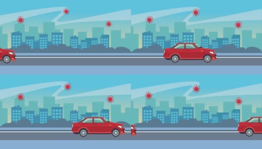 红色汽车行驶在带有冠状病毒颗粒的道路上高清在线视频素材下载