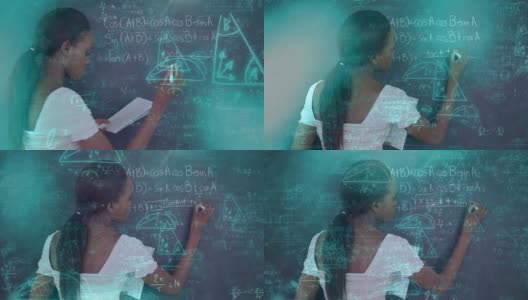 数学方程式动画与白人学生女孩写在黑板上高清在线视频素材下载