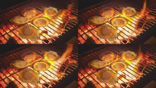 大鲜扇贝壳海鲜用木炭在金属网上烧烤，烧烤在野外露营烧烤烹饪风格高清在线视频素材下载