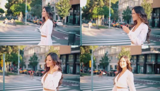 年轻时尚的亚洲女孩在大城市的街道上的肖像高清在线视频素材下载
