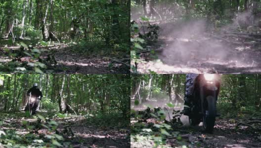 运动骑手在一条蜿蜒的森林道路上快速和极端高清在线视频素材下载