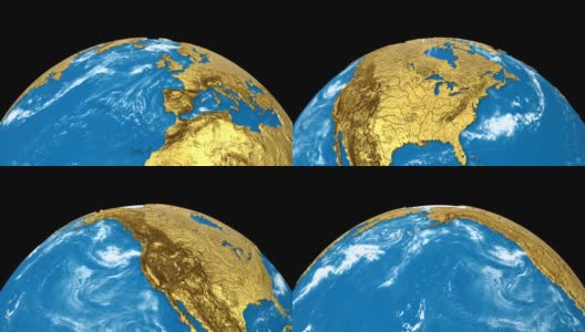 金色旋转地球行星孤立在黑色背景。旋转3d地球球体无缝循环动画。高清在线视频素材下载