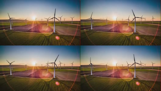 日落时风力涡轮机的天线高清在线视频素材下载