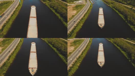 鸟瞰图:河上的驳船高清在线视频素材下载