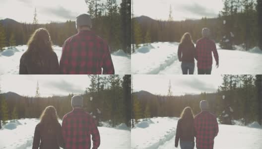 慢动作拍摄的一对年轻的爱的夫妇在一起散步，而手牵手在一个下雪的日子高清在线视频素材下载