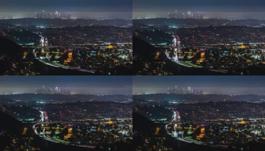 洛杉矶市中心和2号高速公路的夜晚时光高清在线视频素材下载