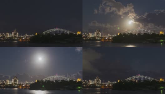 月圆之夜，澳大利亚悉尼海港大桥上空月亮升起的时间间隔高清在线视频素材下载