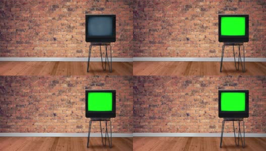 复古电视与色度键屏幕在砖墙房间MOD高清在线视频素材下载