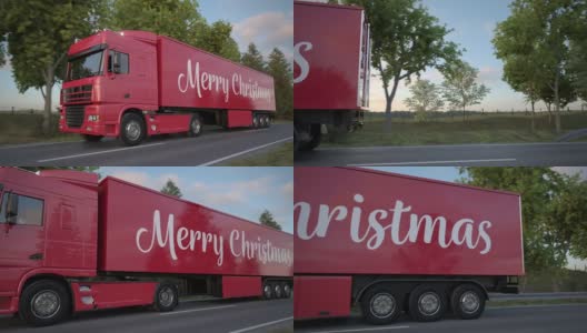 一辆半挂车的鸟瞰图，上面写着圣诞快乐的祝福高清在线视频素材下载