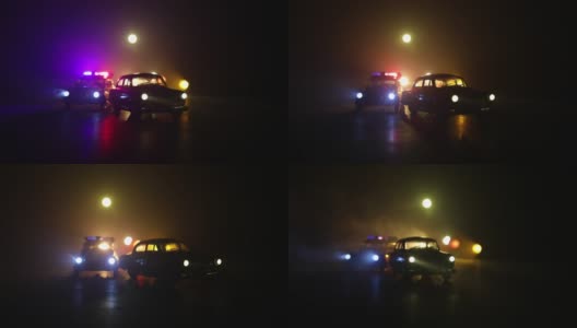 一辆警车在雾中追赶一辆汽车。911紧急反应警车超速驶往犯罪现场。有选择性的重点高清在线视频素材下载
