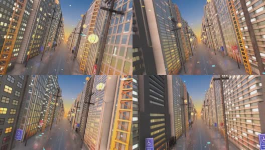 空街道城市飞行3D动画。智能城市。完美的循环。高清在线视频素材下载