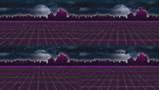 驯鹿拉着雪橇的圣诞老人身上飘落的雪花，映照着城市景观和夜空高清在线视频素材下载