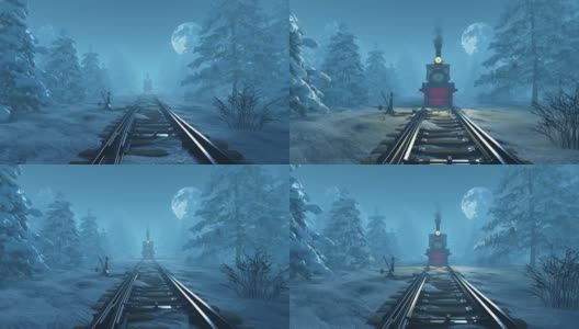 新年列车在圣诞森林和月亮的背景下向我们驶来。高清在线视频素材下载
