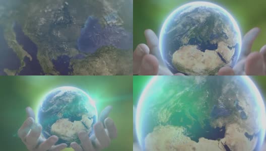 放大手掌在绿色背景上持有行星地球。生态、环保、全球关怀的象征。高清在线视频素材下载