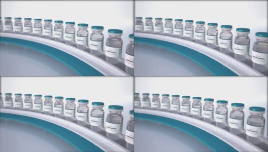 实验室大规模生产SARS-COV-2新型冠状病毒疫苗，科研实验室在药物输送带上移动的安瓿瓶上盖。Loopable镜头高清在线视频素材下载