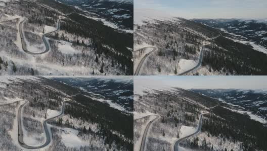 鸟瞰图，一个弯曲的道路上的雪山边在Telemark，挪威。高清在线视频素材下载