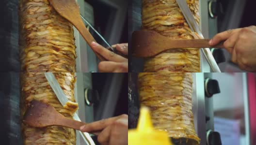 厨师切肉来做沙瓦玛，烤肉卷，烤肉串。用烤肉串烤肉高清在线视频素材下载