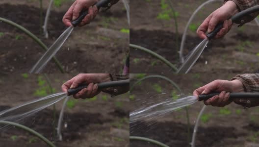 女人的手用软管浇灌花园的特写镜头。年长的女性向她的家庭求爱高清在线视频素材下载