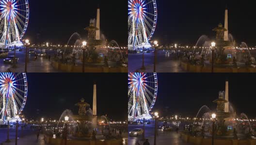 法国巴黎夜晚照明和谐方形车轮喷泉纪念碑巴士乘坐全景4k高清在线视频素材下载