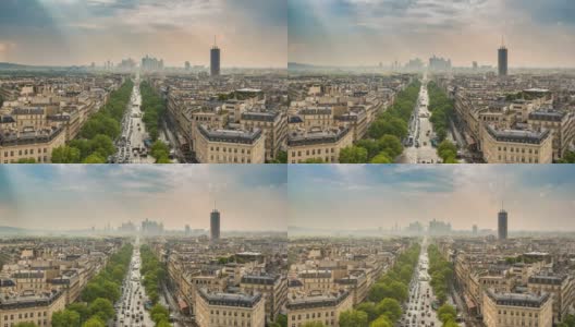巴黎城市天际线在法国巴黎的拉德芳斯和香榭丽舍大道高清在线视频素材下载