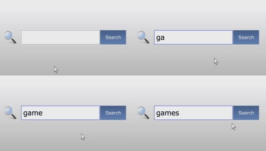 游戏-图形浏览器搜索查询，网页，用户输入搜索相关结果，计算机上网技术。网页浏览打字字母，填写表格按下查找按钮，导航到搜索结果页面，在线工作高清在线视频素材下载