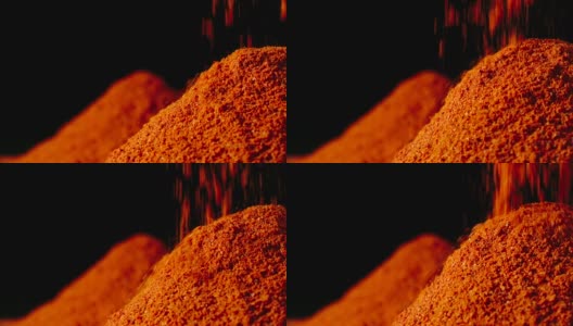 慢镜头:红辣椒粉倒入一堆高清在线视频素材下载