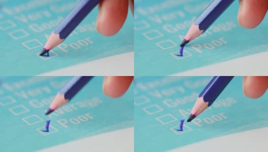 客户检查表反馈满意度调查表，用黑色铅笔在申请表蓝色表格上做标记。意见问题方框按钮，用于填写业务复选标记高清在线视频素材下载