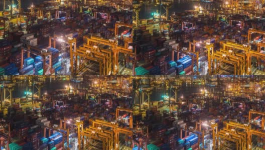 延时拍摄:以城市景观为背景，在香港青衣港货柜港的夜间货运工作高清在线视频素材下载