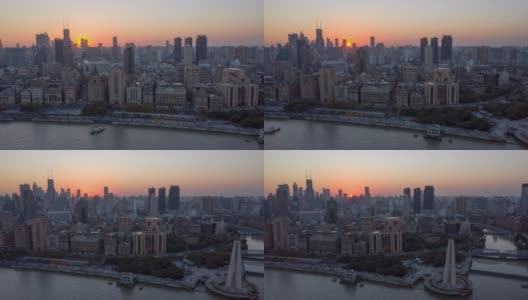 10月18日，中国航拍v47 Hyperlapse低空飞过黄浦江，背景是夕阳高清在线视频素材下载