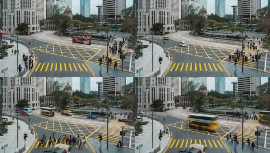 香港，中国- 2019年1月6日，交通繁忙的汽车和电车道路上的中国银行大厦。2019年1月6日，一群人在香港过马路。高清在线视频素材下载
