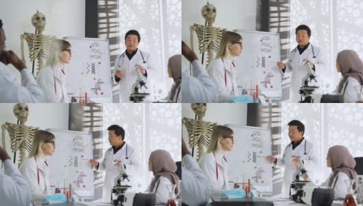 正面视图英俊的专业日本医生，解释关于化合物的组合，他的医生-合作伙伴在医院的办公室高清在线视频素材下载
