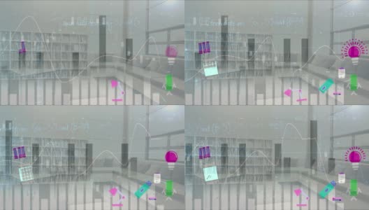 一个图形的动画与彩色的图标和数学公式在一个图书馆的房间高清在线视频素材下载