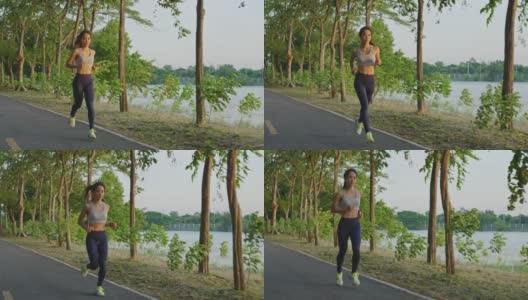 亚洲年轻美丽的女人为健康在傍晚日落在街道上的公园。运动员健康和坚定的女孩锻炼通过慢跑锻炼户外运动为她的健康。高清在线视频素材下载