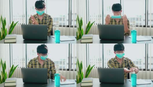 “商人佩戴防护口罩、使用洗手液在办公室工作杀灭covid-19、预防感染和大流行”的4k视频画面高清在线视频素材下载