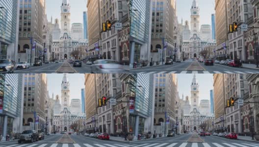 美国宾夕法尼亚州费城地标性历史市政厅和汽车交通的4K时间流逝高清在线视频素材下载