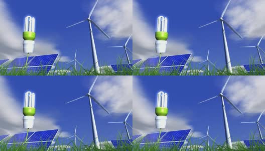绿色能源-太阳能板和风力涡轮机高清在线视频素材下载