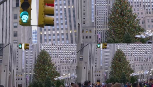 摇摄洛克菲勒中心的圣诞树和一大群游客的视频高清在线视频素材下载