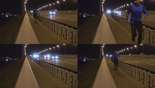 晚上在桥边慢跑的运动员。一个穿着运动服的男人在晚上跑步。男正在健身，车路过。傍晚沿着高速公路慢跑。高清在线视频素材下载