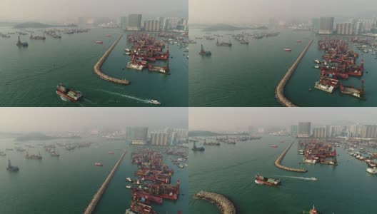 中国晴朗的傍晚香港城市湾港口空中全景图，4k高清在线视频素材下载