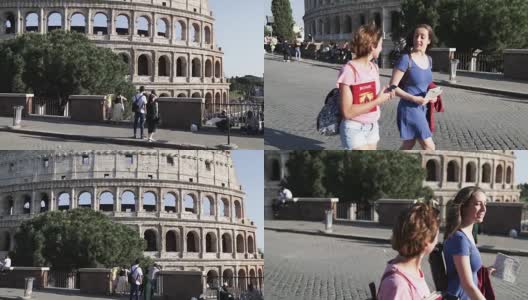 女游客在罗马:竞技场旁边高清在线视频素材下载