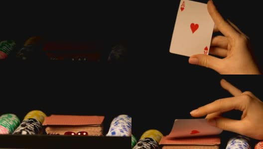一位女士在镜头前展示扑克牌案中的红桃a，运气好，赌博高清在线视频素材下载