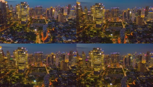 日落天空夜晚照明雅加达市区交通空中全景4k印尼高清在线视频素材下载