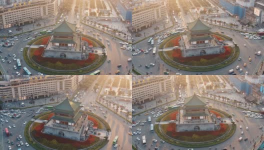 中国日落时西安钟楼鸟瞰图高清在线视频素材下载
