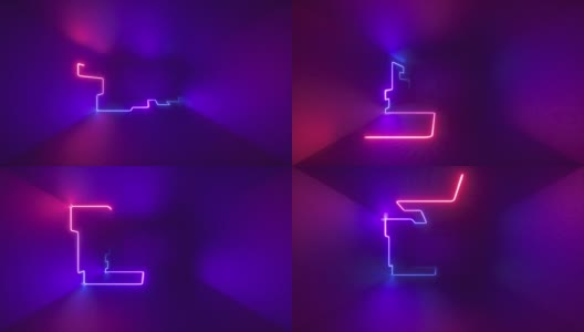 3d抽象的紫外线背景与发光的霓虹线移动内长的黑暗隧道。粉蓝色紫光照明。激光路径，混沌迷宫轨迹，光照光束高清在线视频素材下载