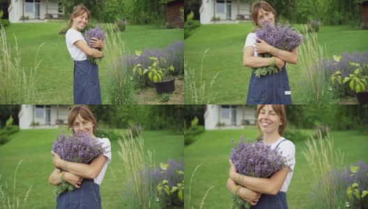 现场镜头拉近镜头，看到一个快乐的园丁在户外捧着一束薰衣草摆姿势。迷人美丽的白种女人站在阳光明媚的夏日看着镜头拿着花。高清在线视频素材下载
